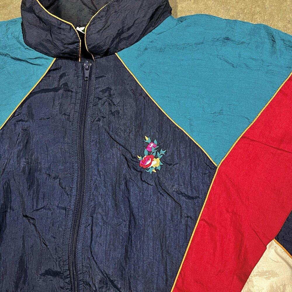 Vintage Bold Spirit Windbreaker Sz L Colorful Geometric Nylon Jacket Flower Logo - Picture 3 of 8